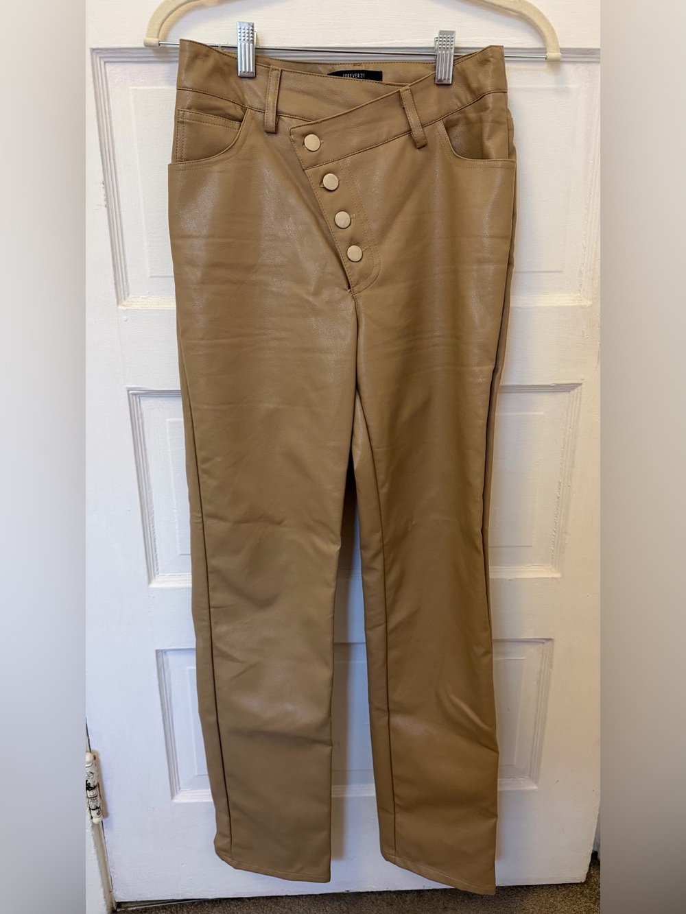 Tan Faux Leather Straight-Leg Pants with Angled Button Front - Forever 21